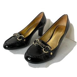 COACH Charley Black Soft Patent Leather Pumps Heels Sz 7.5 M Logo W/Horsebit